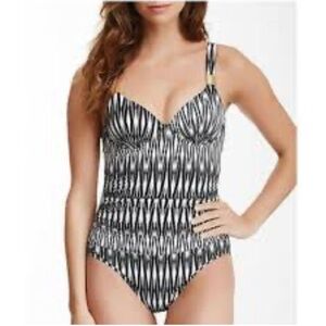 SPANX Riveting Ruched Black and White Patterned One Piece Swimsuit Sz 14